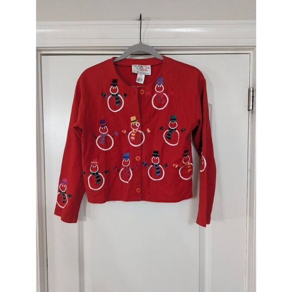 Michael Simon Other - Michael Simon Simon Sez Snowman Cardigan girl's size 12/14 L red embroidered
